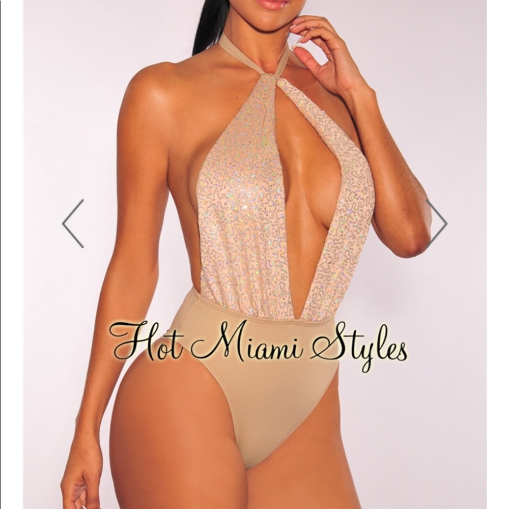 Nude Iridescent Sequins Halter Swimsuit